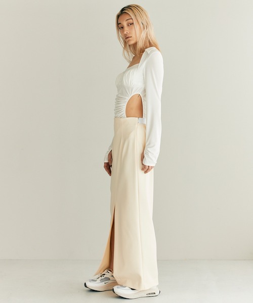 THINGS THAT MATTER(シングス ザット マター)の「SCUBA JERSEY NARROW MAXI SKIRT / スキューバジャージナローマキシスカート(スカート・レディース・アイボリー/ブラック/ライム・1/2)」の5枚目の写真