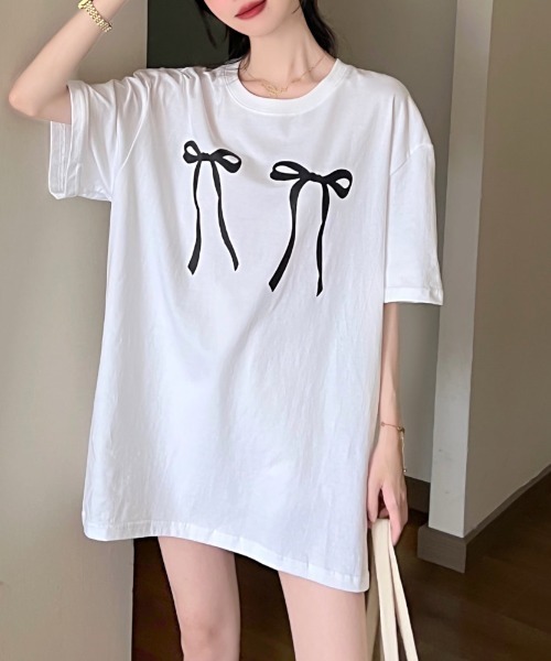 tシャツ 「F」Ｔシャツ　袖リボン レディース セール】リボンプリント半袖Tシャツ（Tシャツ/カットソー