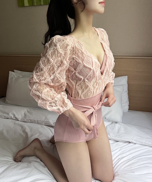 UNE MANSION（ユヌマンション）の「【ビーチウェア】【インナートップスブラ付き】【ジャンプスーツとしても着用可能】レースアップラップモノキニビキニ（水着・レディース・ピンク/ベージュ/ブラック・FREE）」の3枚目の写真