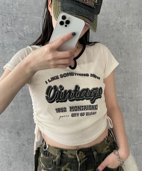 dispark(ディスパーク)の「DISPARK/配色サイドギャザーVネックT(Tシャツ/カットソー・レディース・カーキ/オフホワイト/ブラック・FREE)」の2枚目の写真