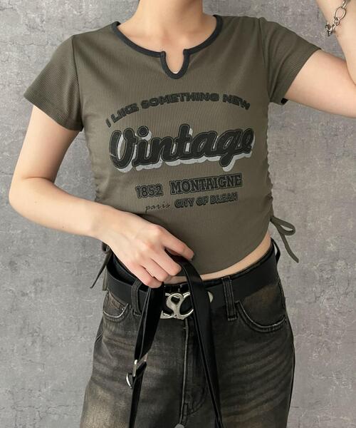 dispark(ディスパーク)の「DISPARK/配色サイドギャザーVネックT(Tシャツ/カットソー・レディース・カーキ/オフホワイト/ブラック・FREE)」の3枚目の写真