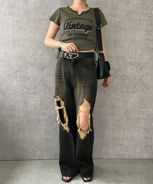 dispark(ディスパーク)の「DISPARK/配色サイドギャザーVネックT(Tシャツ/カットソー・レディース・カーキ/オフホワイト/ブラック・FREE)」の4枚目の写真