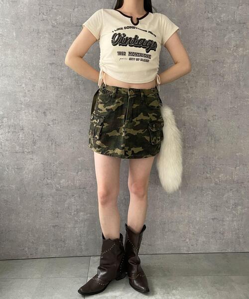 dispark(ディスパーク)の「DISPARK/配色サイドギャザーVネックT(Tシャツ/カットソー・レディース・カーキ/オフホワイト/ブラック・FREE)」の5枚目の写真