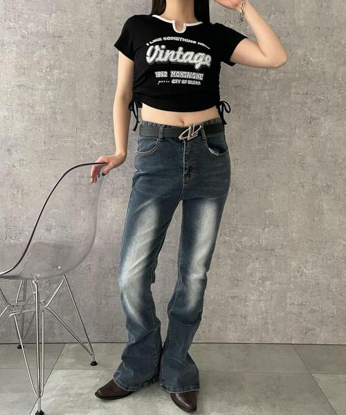 dispark(ディスパーク)の「DISPARK/配色サイドギャザーVネックT(Tシャツ/カットソー・レディース・カーキ/オフホワイト/ブラック・FREE)」の6枚目の写真