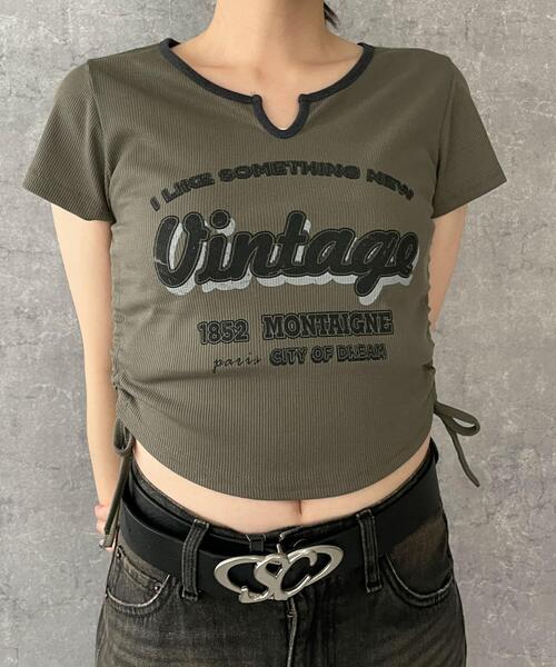 dispark(ディスパーク)の「DISPARK/配色サイドギャザーVネックT(Tシャツ/カットソー・レディース・カーキ/オフホワイト/ブラック・FREE)」の7枚目の写真