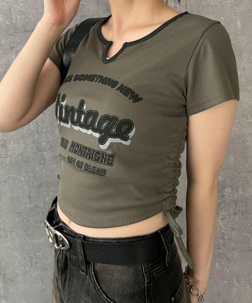 dispark(ディスパーク)の「DISPARK/配色サイドギャザーVネックT(Tシャツ/カットソー・レディース・カーキ/オフホワイト/ブラック・FREE)」の9枚目の写真