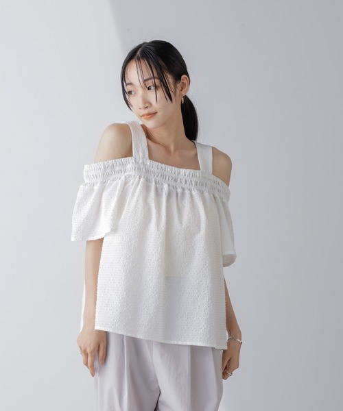 ナノユニバース 【新品】 肩紐オフショルダー プルオーバーシャツ ギャザーブラウス 7分袖 薄手 綿100% F ヘザーライトグレー 売れ筋商品|||レディース NANO universe ナノユニバース 【新品】 肩紐オフショルダー