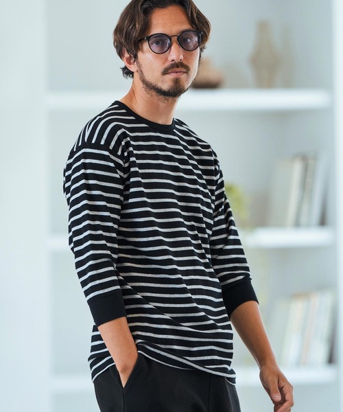 Magine（マージン）の「mlt4789-Border Pattern Span Fraise 3-4 Sleeve Cut Sew 7分袖Tシャツ（Tシャツ/カットソー・メンズ・グレー×ホワイト/ブラック×グレー/ブラック×ホワイト・44/46/48）」の4枚目の写真