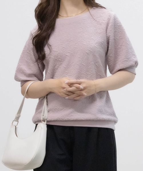NAVY(ネイビー)の「NAVY 花柄ジャガードプルオーバー5分袖(Tシャツ/カットソー・レディース・オフホワイト/ブラック/ピンク・M/L)」の1枚目の写真