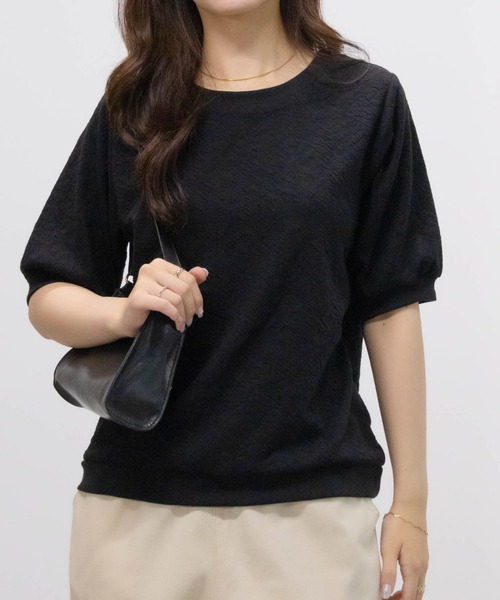 NAVY（ネイビー）の「NAVY 花柄ジャガードプルオーバー5分袖（Tシャツ/カットソー・レディース・オフホワイト/ブラック/ピンク・M/L）」の3枚目の写真