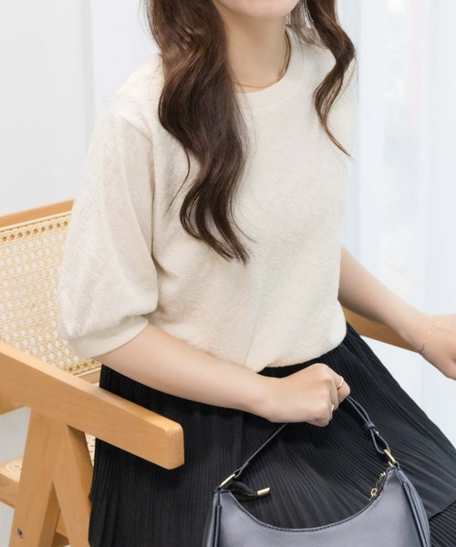 NAVY(ネイビー)の「NAVY 花柄ジャガードプルオーバー5分袖(Tシャツ/カットソー・レディース・オフホワイト/ブラック/ピンク・M/L)」の5枚目の写真