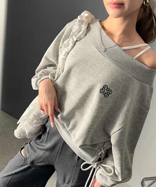 mily bilet（ミウィビレット）の「【mily bilet】大人肌見せヘルシースタイル。サイドレースアップ胸刺繍オフショルダースウェット（スウェット・レディース・オートミール/ピンク/杢グレー/チャコールグレー・X-LARGE/MEDIUM/LARGE/SMALL）」の15枚目の写真
