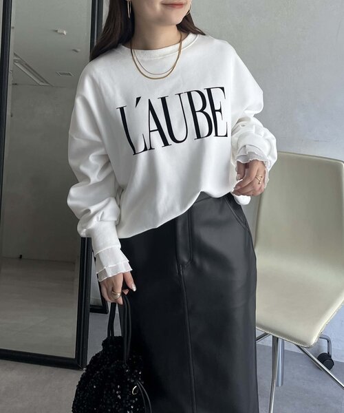 prose verse（プロズヴェール）の「【L'AUBE】プリーツフリルスリーブロゴトップス（Tシャツ/カットソー・レディース・オフホワイト/ブラック・MEDIUM）」の4枚目の写真