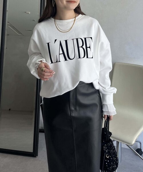 prose verse（プロズヴェール）の「【L'AUBE】プリーツフリルスリーブロゴトップス（Tシャツ/カットソー・レディース・オフホワイト/ブラック・MEDIUM）」の6枚目の写真