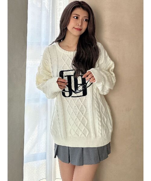GYDA(ジェイダ)の「BIG GYGYロゴ刺繍ケーブルニットトップス(ニット/セーター・レディース・ピンク/オフホワイト/ブラック・FREE)」の6枚目の写真