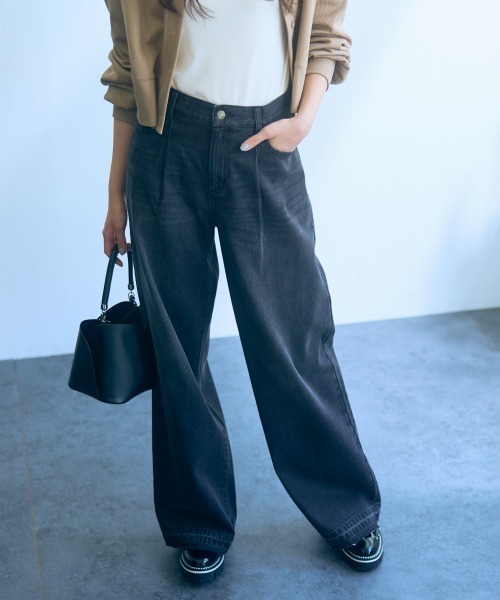 slattgir(スラットジール)の「高身長 綿100%タックデニムワイドパンツ(トールサイズ)Essenave(デニムパンツ・レディース・ライトブルー/ブラック系・64/67/70/73/76/80/84/88/96/104)」の15枚目の写真