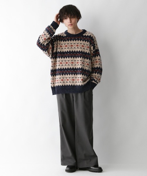 新品▼レイジブルー　クルーネックニット　総柄　黒×白　RAGEBLUE (M) SALE／30%OFFUNISEX総柄⁄モヘアクルーネックニット