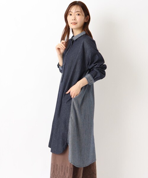 one'sterrace(ワンズテラス)の「デニム&ヒッコリー 前開きワンピース(ワンピース・レディース・ブルー系その他7/ネイビー系5・02)」の1枚目の写真