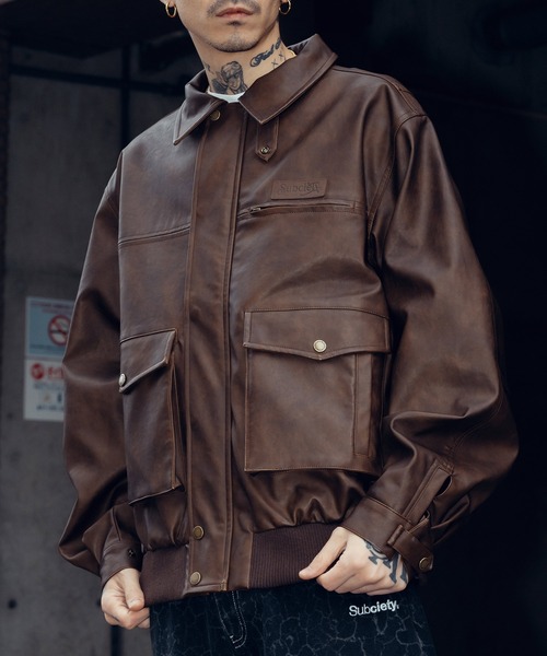 Subciety（サブサエティ）の「Faded faux leather blouson（ブルゾン・メンズ・ブラウン/ブラック・X-LARGE/LARGE/MEDIUM/SMALL）」の2枚目の写真