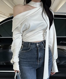 アシンメトリー ボウタイ付き オフショル 長袖 ブラウス