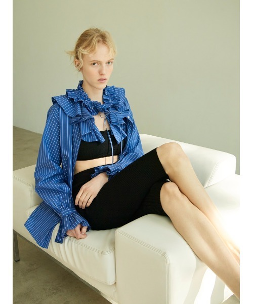 Mila Owen（ミラオーウェン）の「デタッチャブルラッフルブラウス【手洗い可能】（シャツ/ブラウス・レディース・ブルー/ネイビー/ホワイト・0/1）」の5枚目の写真