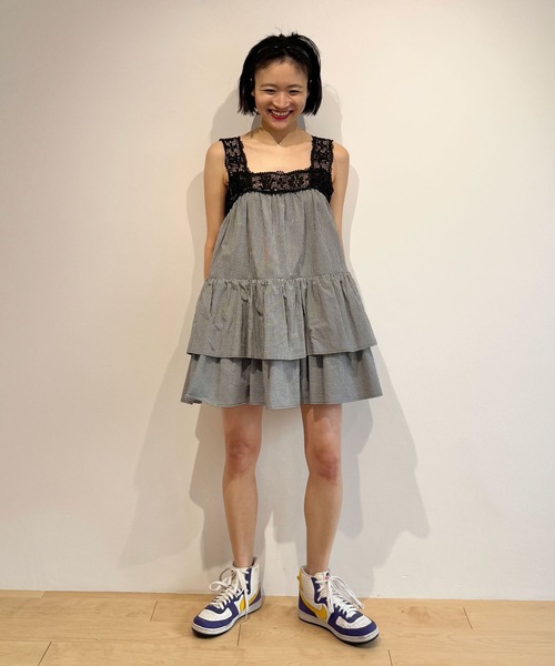極美品 ホリデイ KUMA クマ LACE VOLUME MINI DRESS HOLIDAY（ホリデイ）の「KUMA LACE GINGHAM CHECK VOLUME MINI DRESS