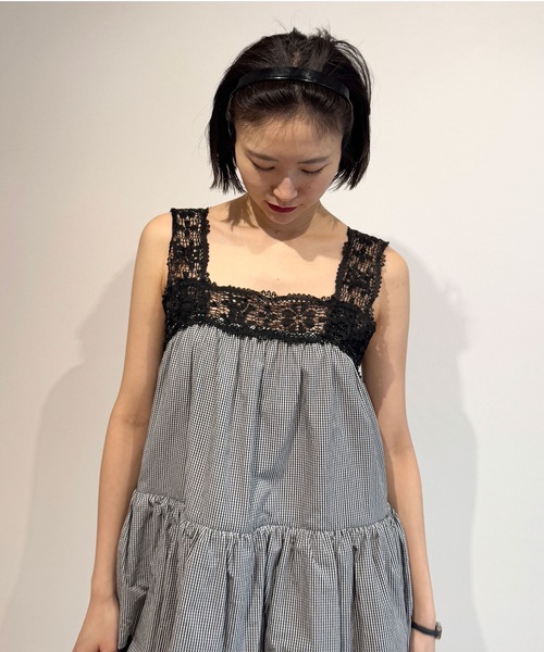 極美品 ホリデイ KUMA クマ LACE VOLUME MINI DRESS HOLIDAY（ホリデイ）の「KUMA LACE GINGHAM CHECK VOLUME MINI DRESS