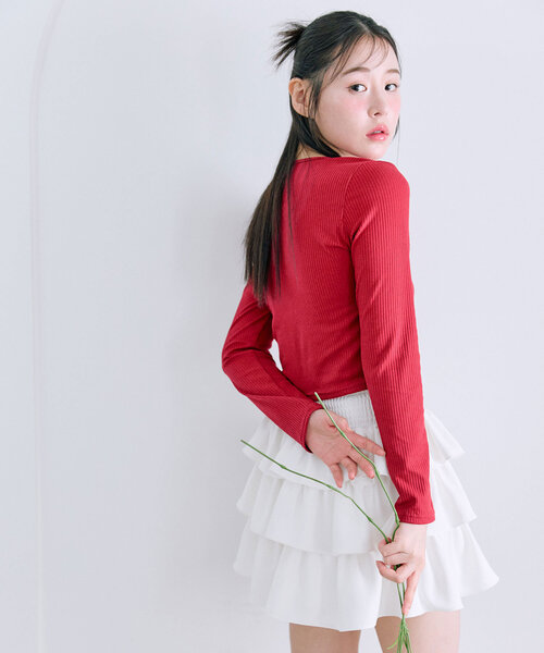 OLIVE des OLIVE(オリーブデオリーブ)の「【着痩せ◎】レイヤード風テレコトップス(Tシャツ/カットソー・レディース・レッド/トップグレー/アイボリー/ブラック・FREE)」の12枚目の写真