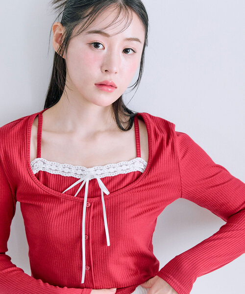 OLIVE des OLIVE(オリーブデオリーブ)の「【着痩せ◎】レイヤード風テレコトップス(Tシャツ/カットソー・レディース・レッド/トップグレー/アイボリー/ブラック・FREE)」の13枚目の写真