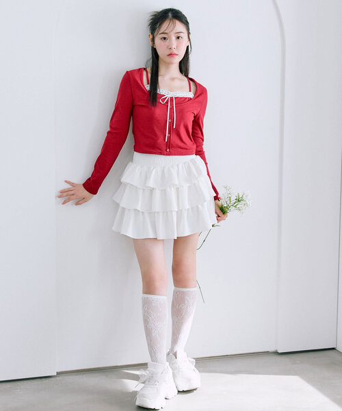 OLIVE des OLIVE(オリーブデオリーブ)の「【着痩せ◎】レイヤード風テレコトップス(Tシャツ/カットソー・レディース・レッド/トップグレー/アイボリー/ブラック・FREE)」の14枚目の写真