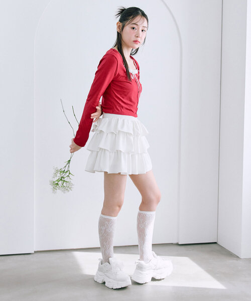 OLIVE des OLIVE(オリーブデオリーブ)の「【着痩せ◎】レイヤード風テレコトップス(Tシャツ/カットソー・レディース・レッド/トップグレー/アイボリー/ブラック・FREE)」の15枚目の写真
