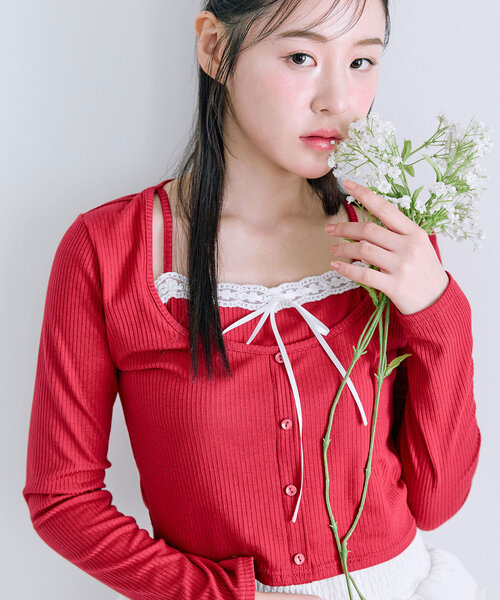 OLIVE des OLIVE(オリーブデオリーブ)の「【着痩せ◎】レイヤード風テレコトップス(Tシャツ/カットソー・レディース・レッド/トップグレー/アイボリー/ブラック・FREE)」の16枚目の写真