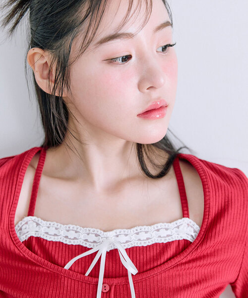 OLIVE des OLIVE(オリーブデオリーブ)の「【着痩せ◎】レイヤード風テレコトップス(Tシャツ/カットソー・レディース・レッド/トップグレー/アイボリー/ブラック・FREE)」の17枚目の写真