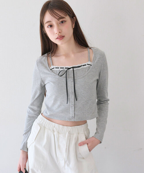 OLIVE des OLIVE(オリーブデオリーブ)の「【着痩せ◎】レイヤード風テレコトップス(Tシャツ/カットソー・レディース・レッド/トップグレー/アイボリー/ブラック・FREE)」の19枚目の写真