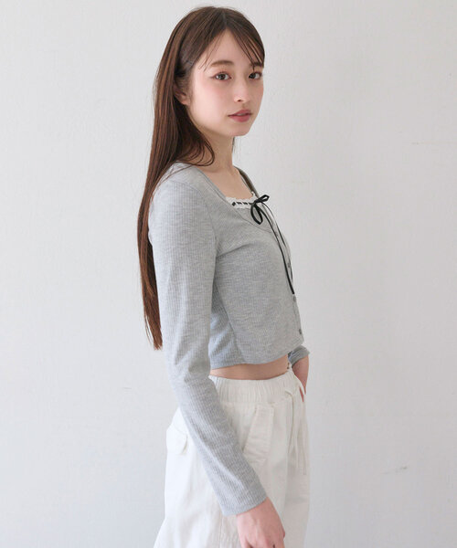 OLIVE des OLIVE(オリーブデオリーブ)の「【着痩せ◎】レイヤード風テレコトップス(Tシャツ/カットソー・レディース・レッド/トップグレー/アイボリー/ブラック・FREE)」の20枚目の写真