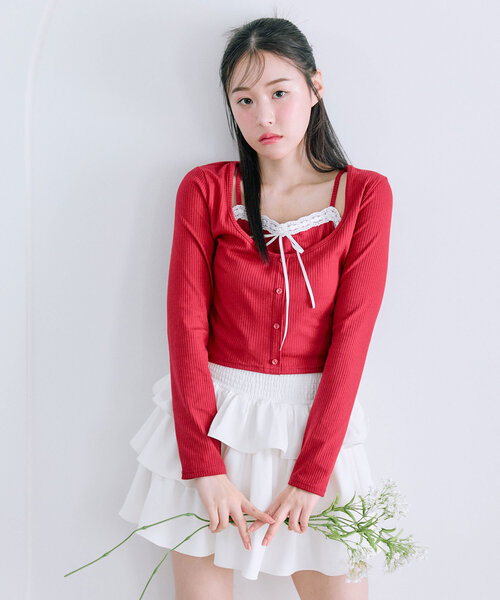 OLIVE des OLIVE(オリーブデオリーブ)の「【着痩せ◎】レイヤード風テレコトップス(Tシャツ/カットソー・レディース・レッド/トップグレー/アイボリー/ブラック・FREE)」の4枚目の写真