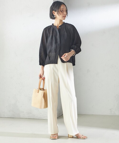 SHIPS(シップス)の「【SHIPS別注】assiette:〈手洗い可能〉クリンクル リネン 羽織 ブラウス(シャツ/ブラウス・レディース・ブラック/ベージュ・ONE SIZE)」の6枚目の写真