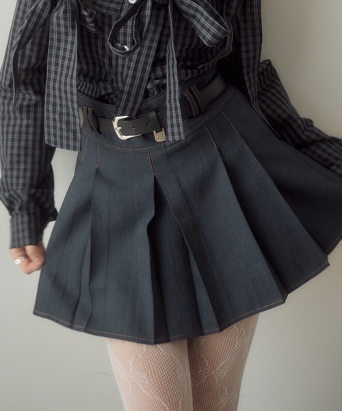 ベルト付きデニムプリーツミニスカート/denim pleated mini ベルト付きデニムプリーツミニスカート/denim pleated mini