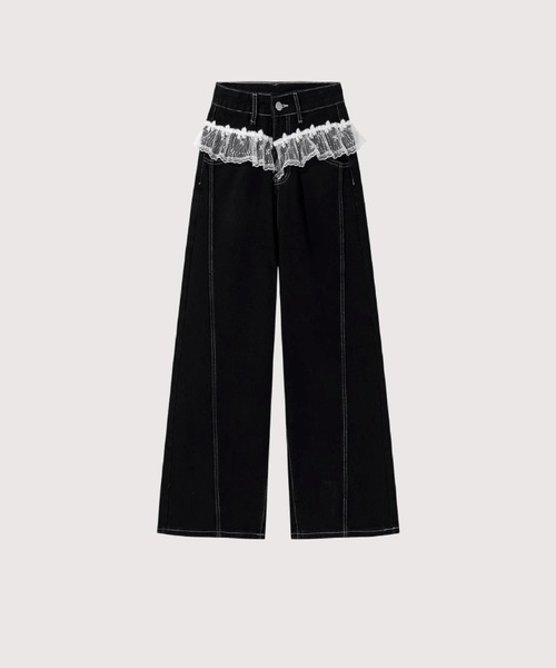 Lace Piping Wide Denim Pants