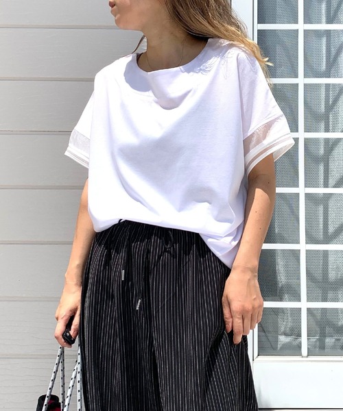 Q（キュー）の「袖口ラインプルオーバー（Tシャツ/カットソー・レディース・ブラック/ホワイト/オレンジ・MEDIUM）」の2枚目の写真