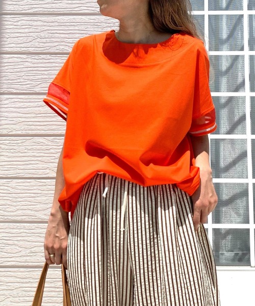 Q（キュー）の「袖口ラインプルオーバー（Tシャツ/カットソー・レディース・ブラック/ホワイト/オレンジ・MEDIUM）」の3枚目の写真