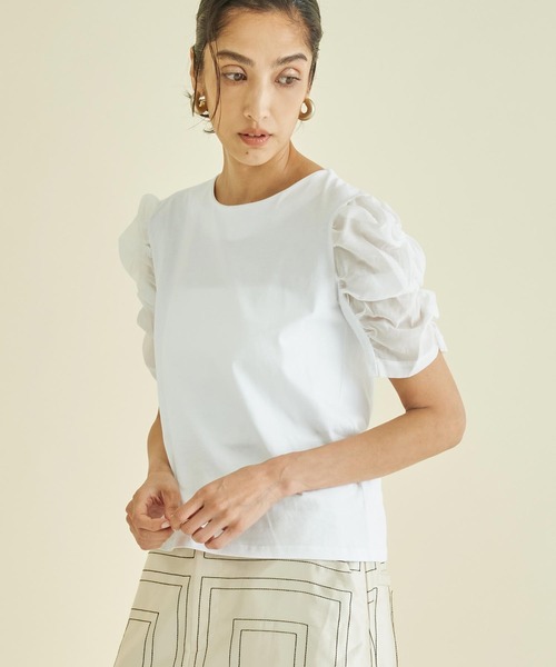 Settimissimo(セッティミッシモ)の「シアーギャザースリーブ切替Tシャツ(Tシャツ/カットソー・レディース・オフホワイト/サックスブルー/ブラック・FREE)」の6枚目の写真