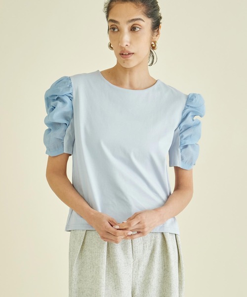 Settimissimo(セッティミッシモ)の「シアーギャザースリーブ切替Tシャツ(Tシャツ/カットソー・レディース・オフホワイト/サックスブルー/ブラック・FREE)」の15枚目の写真