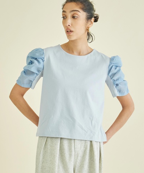 Settimissimo(セッティミッシモ)の「シアーギャザースリーブ切替Tシャツ(Tシャツ/カットソー・レディース・オフホワイト/サックスブルー/ブラック・FREE)」の16枚目の写真