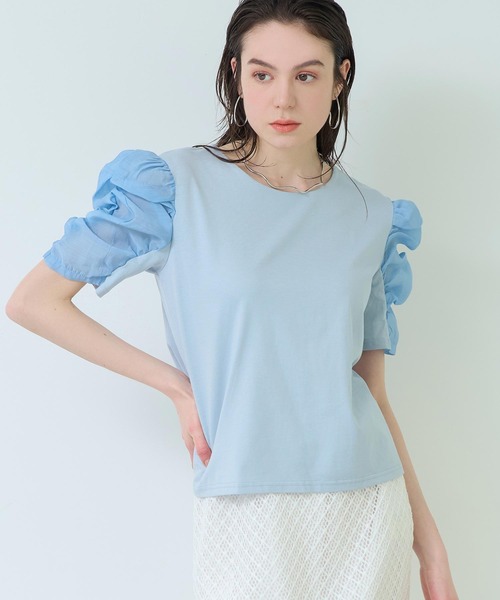 Settimissimo(セッティミッシモ)の「シアーギャザースリーブ切替Tシャツ(Tシャツ/カットソー・レディース・オフホワイト/サックスブルー/ブラック・FREE)」の21枚目の写真