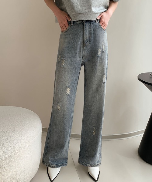 LOWO(ロワ)の「綿混ダメージ加工デニムパンツ(デニムパンツ・レディース・ブルー・L/M/S)」の1枚目の写真