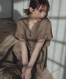 高身長　綿１００％衿刺しゅうピンタックティアードマキシワンピース（トールサイズ）Essenave