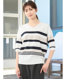 m.f.editorial（エムエフエディトリアル）の「【UVカット 接触冷感 アンチピリング】m.f.エディトリアル レディース ボーダー Vネック ストレッチ半袖ニット（ニット/セーター）」