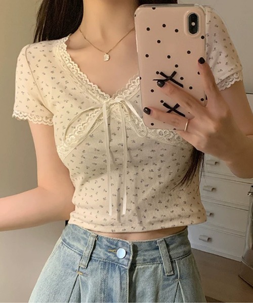 Flower Design Cross Lace Top / フラワーデザイン クロスレース