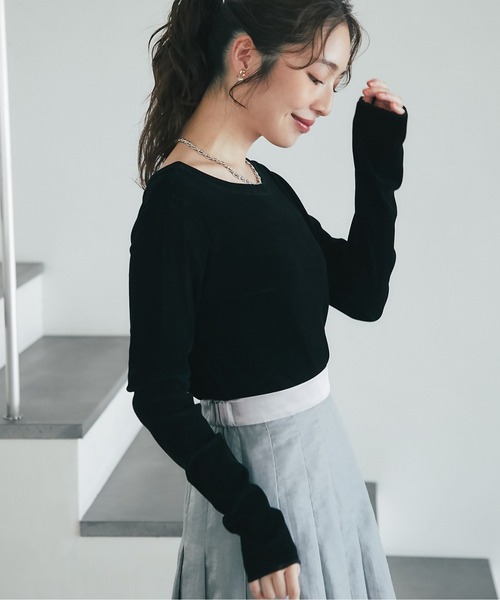 La boutique BonBon(ラブティックボンボン)の「【KAZUMI監修カラーあり】フロッキーチュール前後2WAYカットソー(Tシャツ/カットソー・レディース・オフホワイト/ブラック/ピンク・FREE)」の3枚目の写真